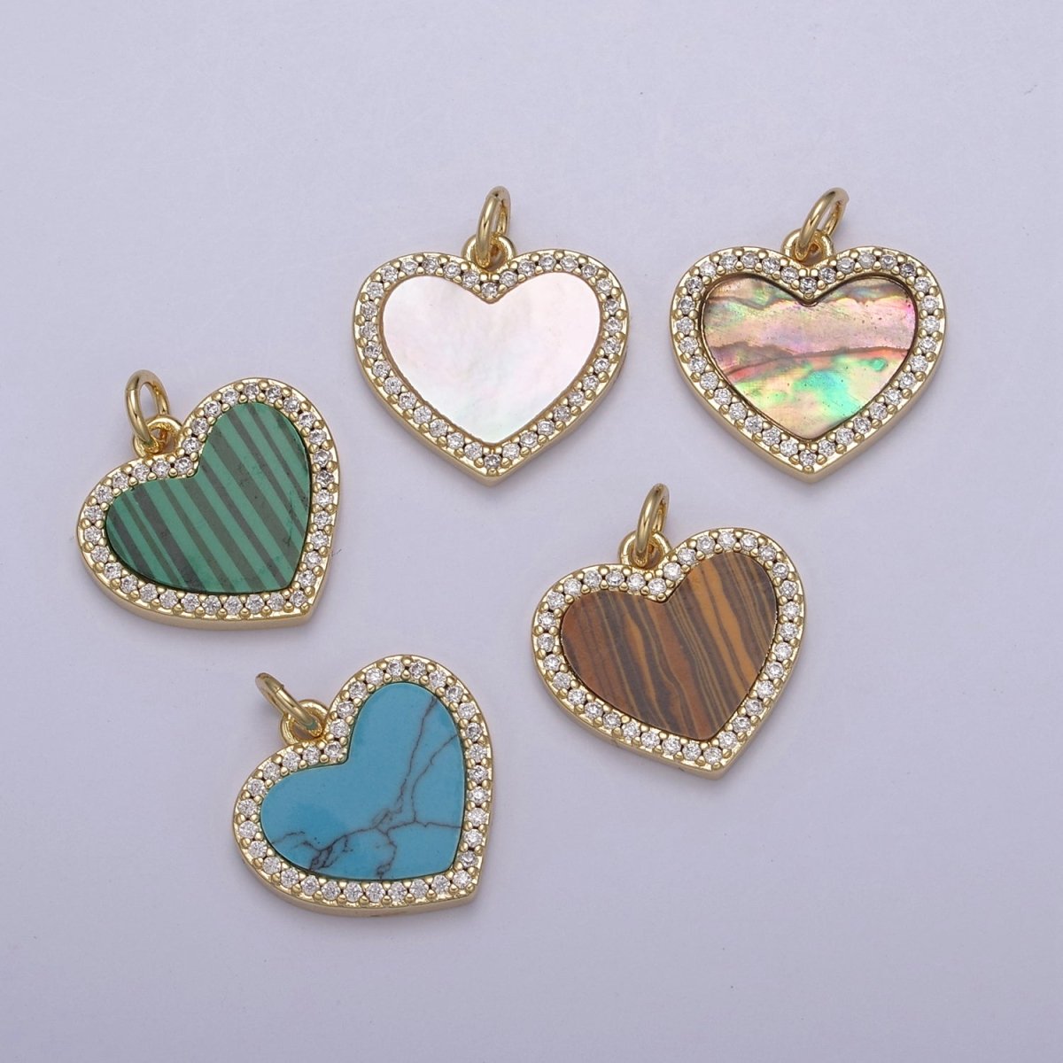 Gemstone Heart Charm, Boho Heart Pendant for Necklace, Turquoise Heart Pendant, Malachite Heart Pendant, Tiger Eye Pearl Abalone Heart Charm for Jewelry Making N-896 - N-900