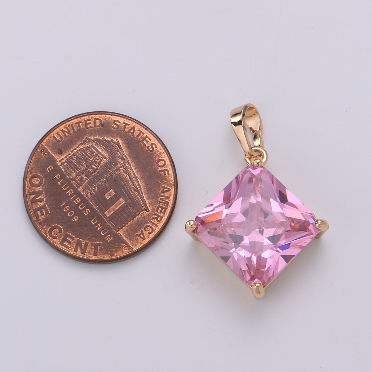 Gemstone Rhombus Charm, Pink Solitaire Cz Pendant, 25x15mm, 18k Gold Filled Pendnt Dangle Jewelry, Necklace Earring Valentine Gift J-113