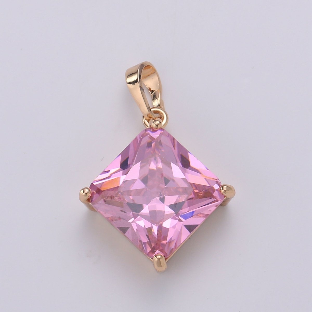 Gemstone Rhombus Charm, Pink Solitaire Cz Pendant, 25x15mm, 18k Gold Filled Pendnt Dangle Jewelry, Necklace Earring Valentine Gift J-113