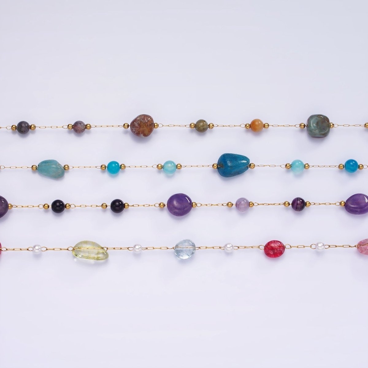 Gemstone Stone Rosary Chain in Gold Stainless Steel Cable Chain ROLL-1500 to ROLL-1502