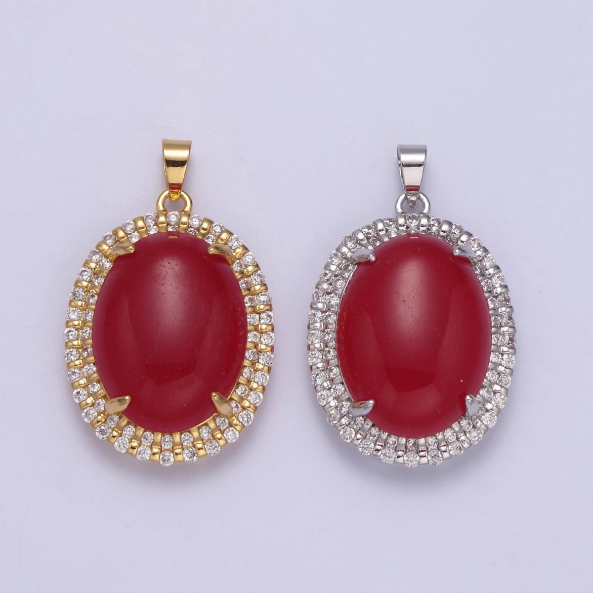 Genuine Red Oval Shaped with Clear Cubic Zircon Jade Pendant W-636 W-637