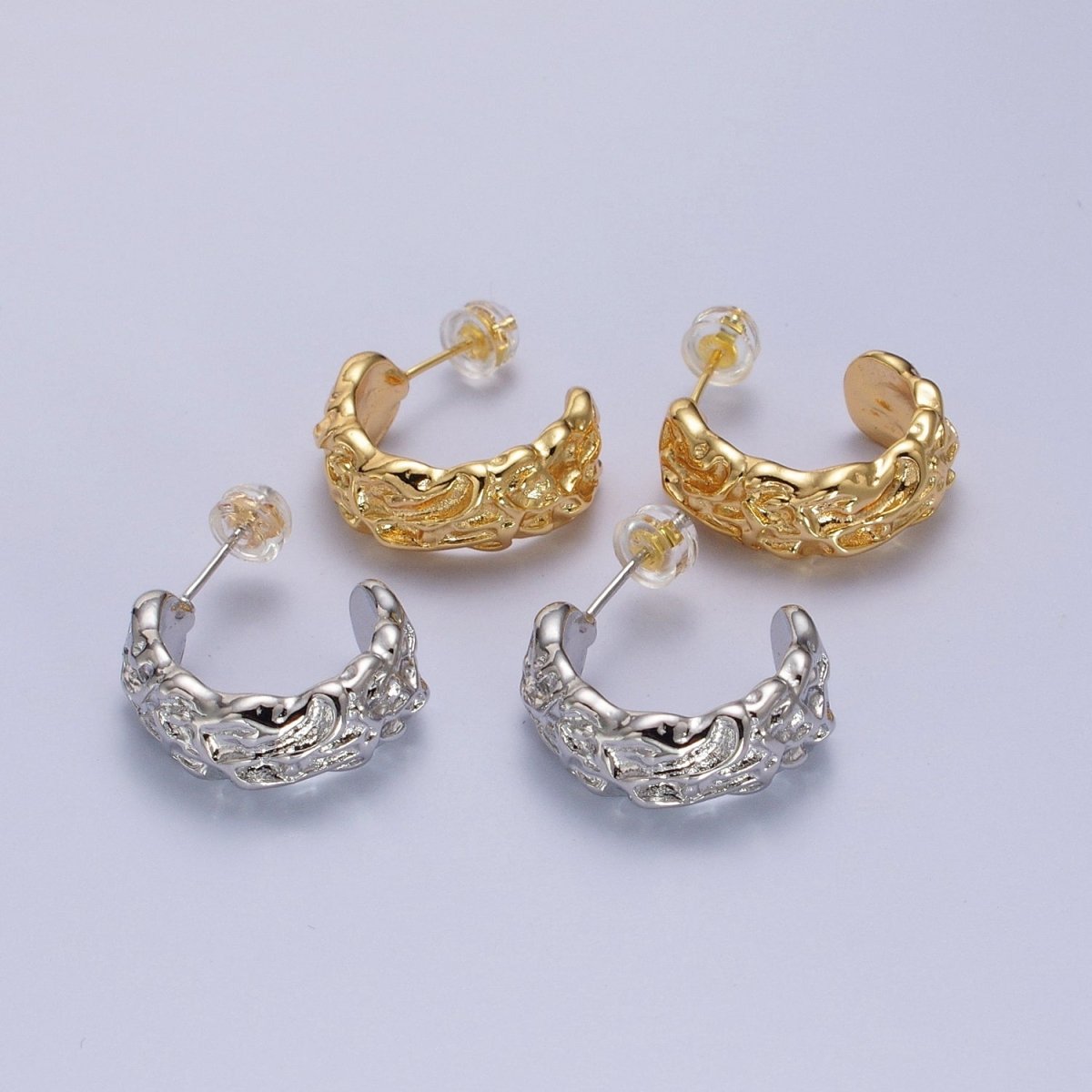 Geometric Abstract Foil C-Shaped Stud Hoops in Gold & Silver | AB016 AB017