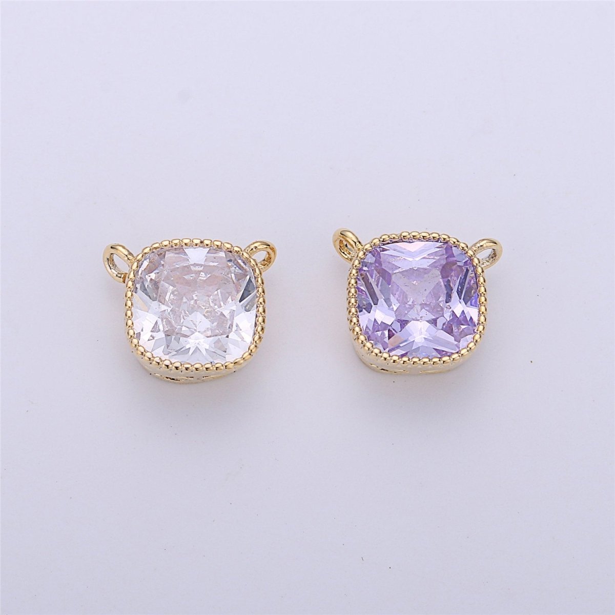 Glass faceted flat Square pendant charm with gold Filled frame, Clear Purple glass charm 8x7 mm, framed glass with Gold Edge Double Bail F-297