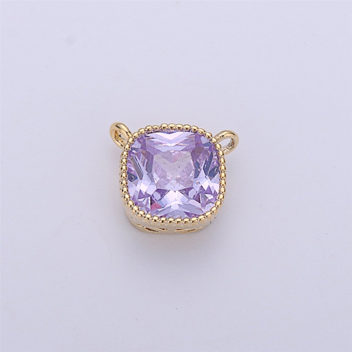 Glass faceted flat Square pendant charm with gold Filled frame, Clear Purple glass charm 8x7 mm, framed glass with Gold Edge Double Bail F-297