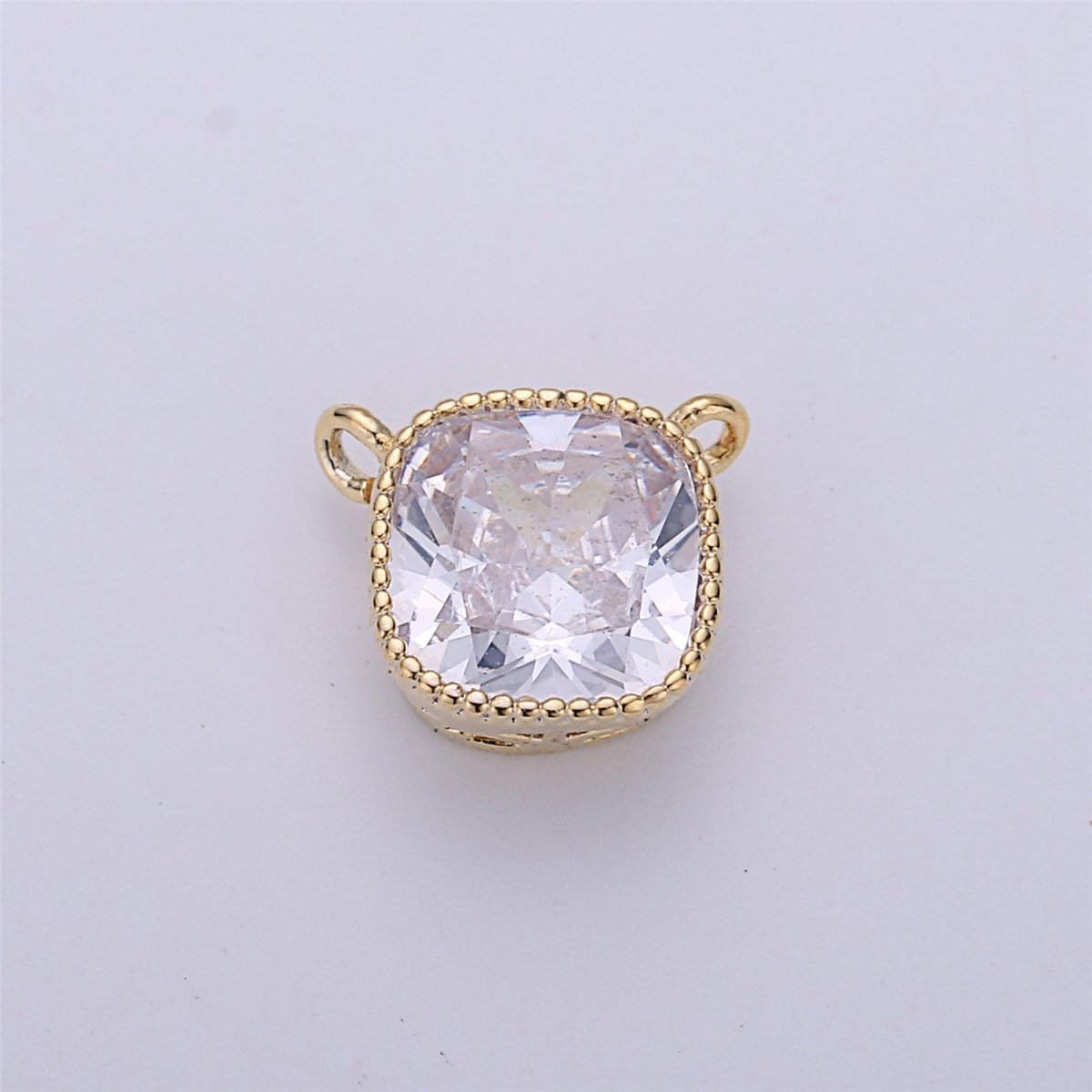 Glass faceted flat Square pendant charm with gold Filled frame, Clear Purple glass charm 8x7 mm, framed glass with Gold Edge Double Bail F-297