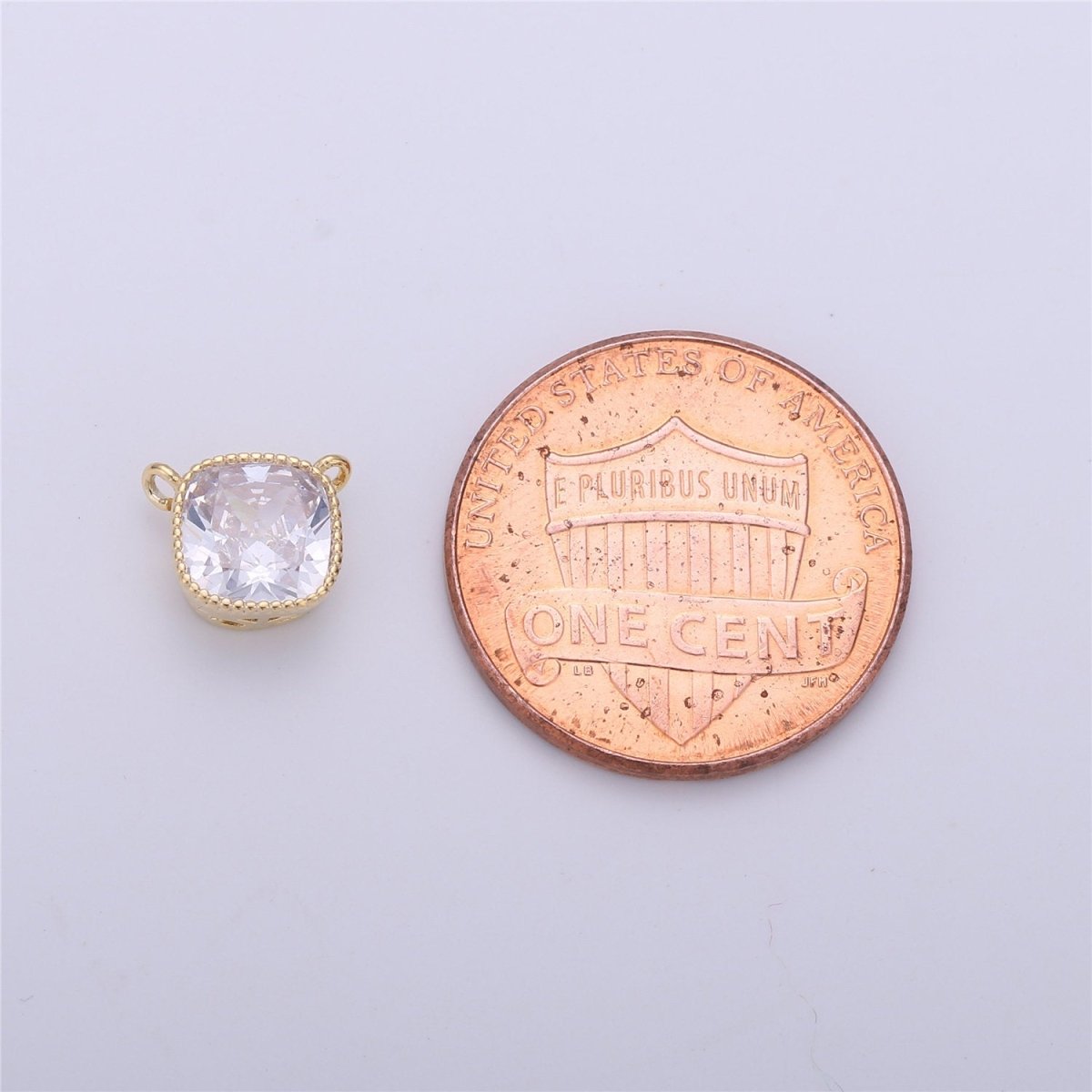 Glass faceted flat Square pendant charm with gold Filled frame, Clear Purple glass charm 8x7 mm, framed glass with Gold Edge Double Bail F-297