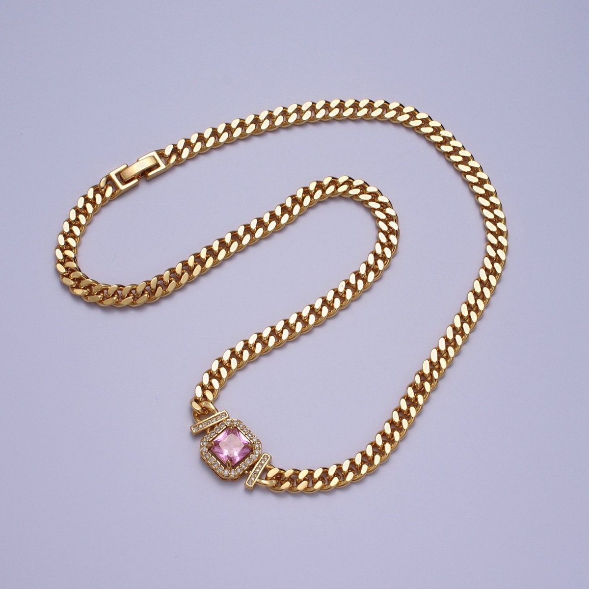Gold 18 Inch Micro Paved Baguette CZ Flat Curb Link Chain Necklace | WA-1200 - WA-1218 Clearance Pricing
