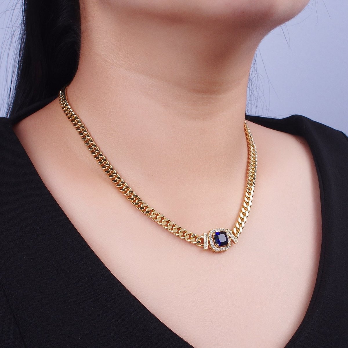 Gold 18 Inch Micro Paved Baguette CZ Flat Curb Link Chain Necklace | WA-1200 - WA-1218 Clearance Pricing