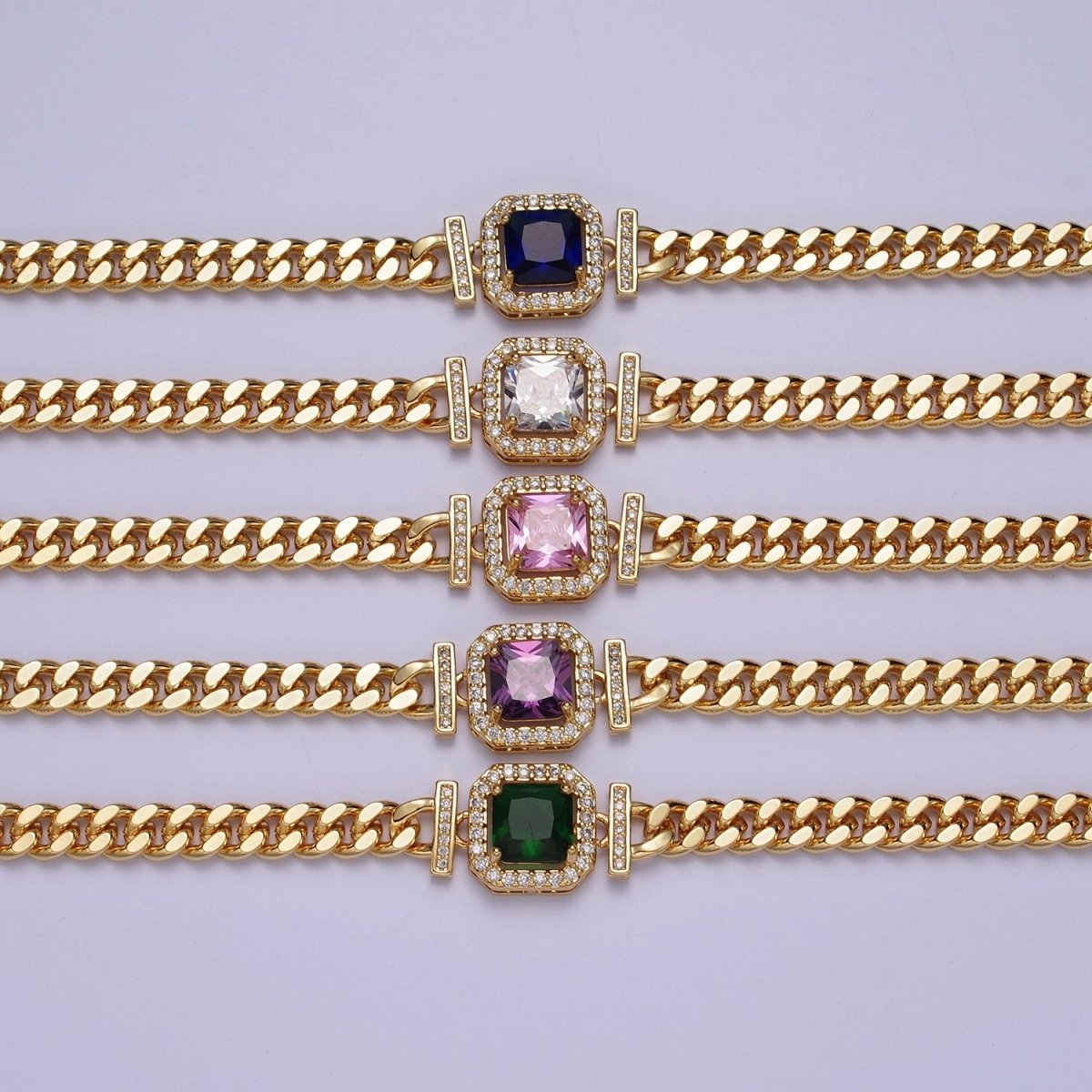 Gold 18 Inch Micro Paved Baguette CZ Flat Curb Link Chain Necklace | WA-1200 - WA-1218 Clearance Pricing