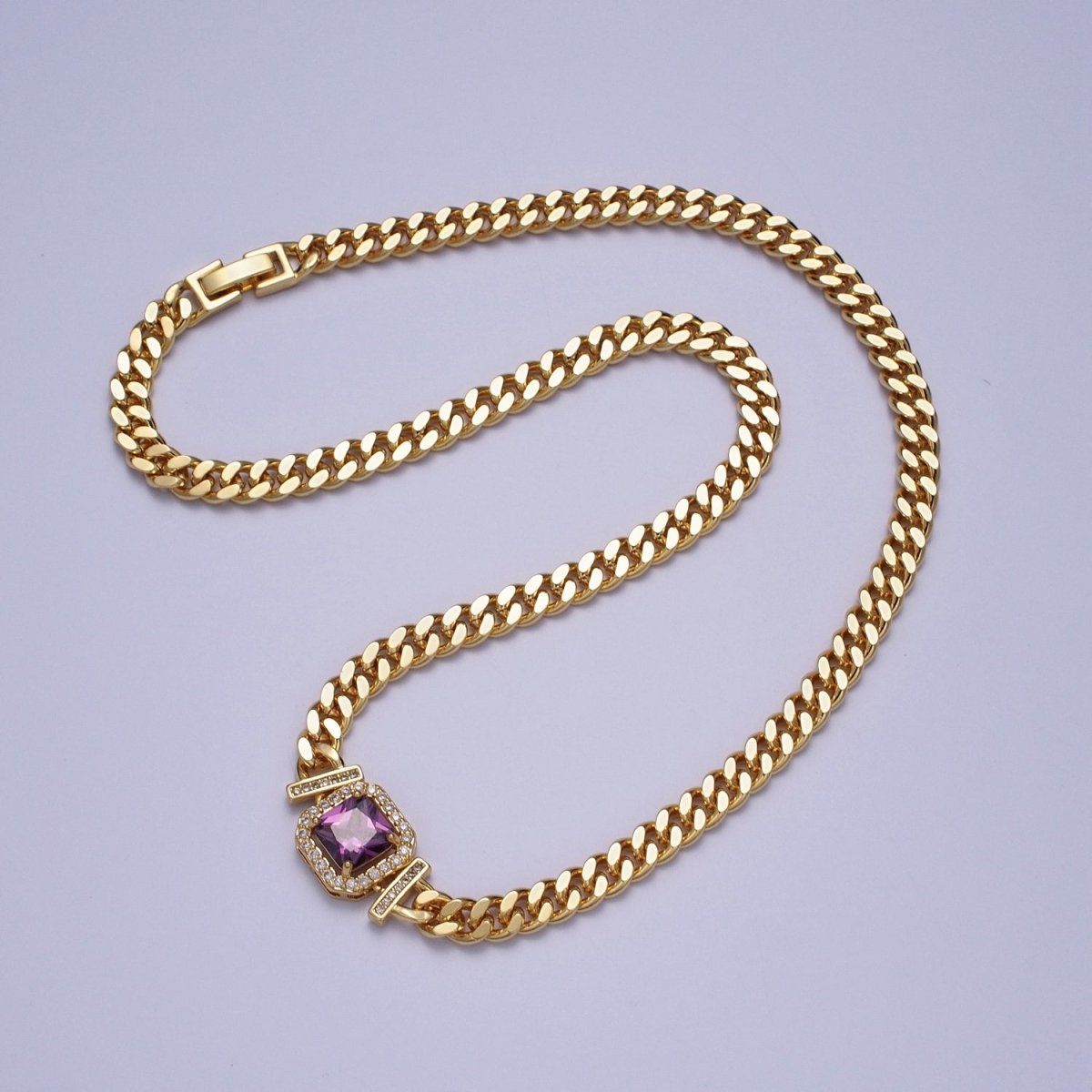 Gold 18 Inch Micro Paved Baguette CZ Flat Curb Link Chain Necklace | WA-1200 - WA-1218 Clearance Pricing
