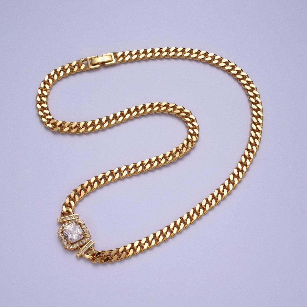 Gold 18 Inch Micro Paved Baguette CZ Flat Curb Link Chain Necklace | WA-1200 - WA-1218 Clearance Pricing