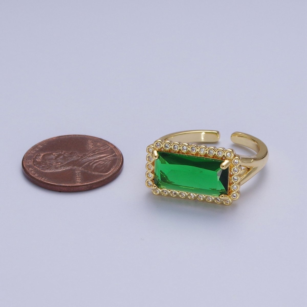 Gold Baguette Emerald Green & Round Clear Cubic Zirconia Adjustable Ring R-008