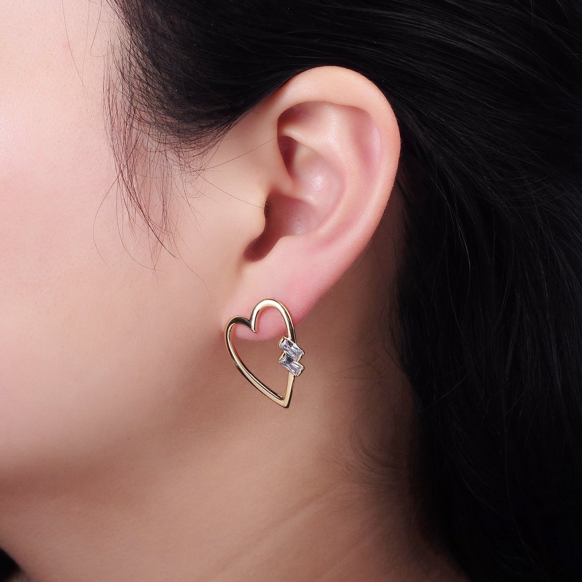 Gold Baguette Micro Paved CZ Open Heart Stud Earrings Set in Gold & Silver | AE484 AE485