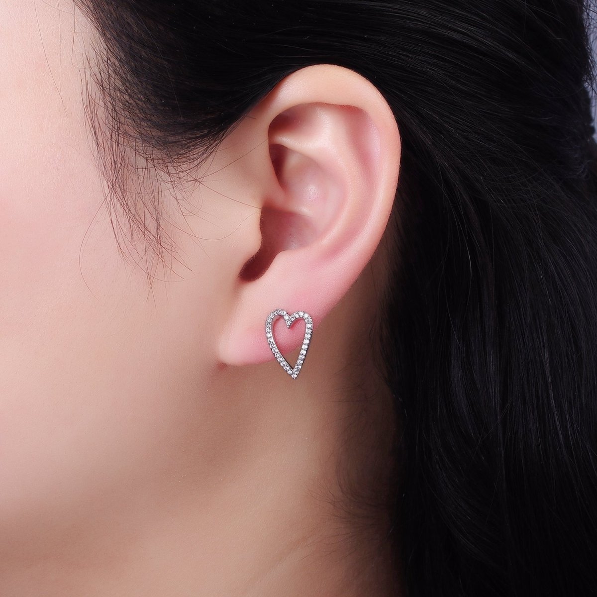 Gold Baguette Micro Paved CZ Open Heart Stud Earrings Set in Gold & Silver | AE484 AE485