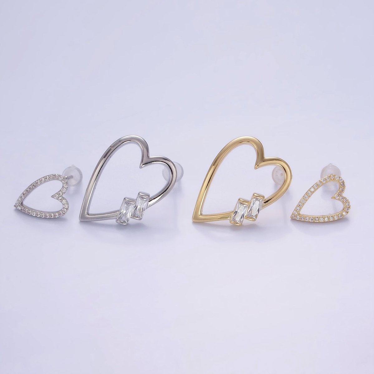 Gold Baguette Micro Paved CZ Open Heart Stud Earrings Set in Gold & Silver | AE484 AE485