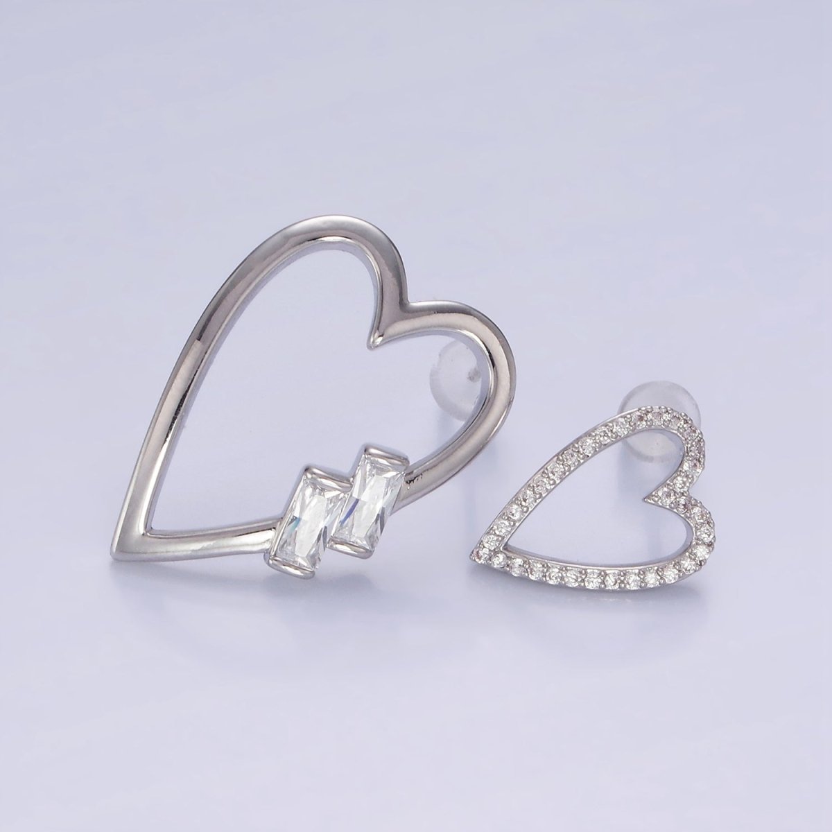 Gold Baguette Micro Paved CZ Open Heart Stud Earrings Set in Gold & Silver | AE484 AE485