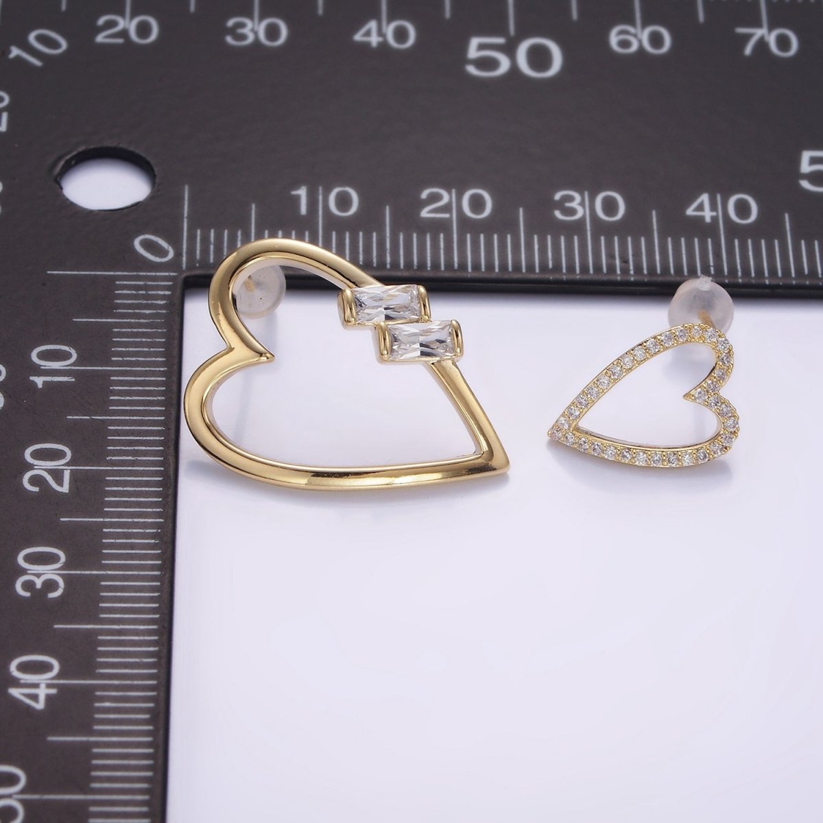 Gold Baguette Micro Paved CZ Open Heart Stud Earrings Set in Gold & Silver | AE484 AE485