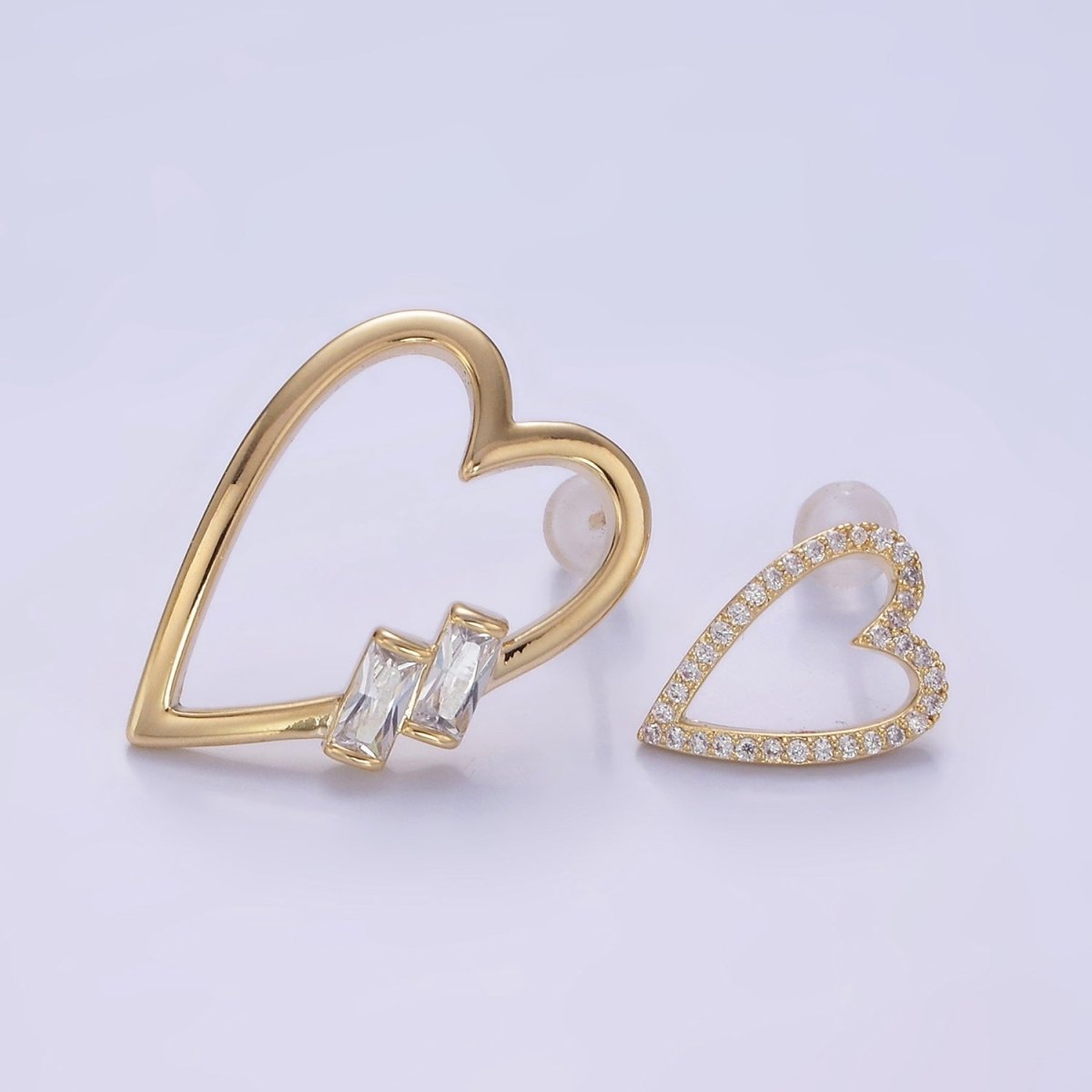 Gold Baguette Micro Paved CZ Open Heart Stud Earrings Set in Gold & Silver | AE484 AE485