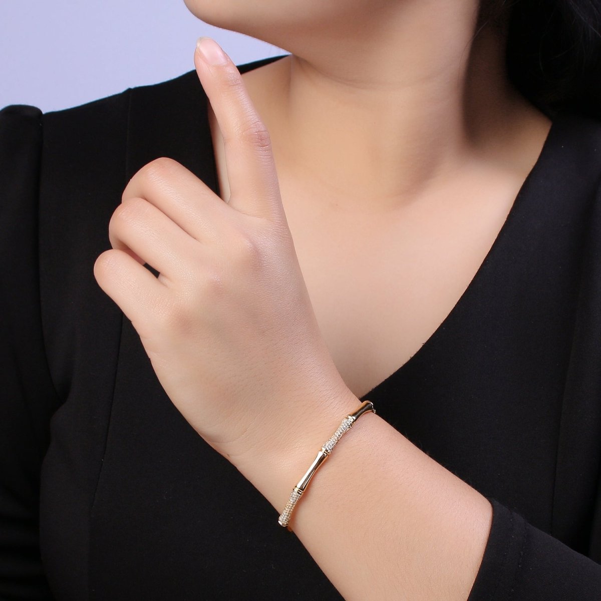 Gold Bamboo Bracelet, Silver Cuff Bangle Bracelet CZ Gold Bamboo Bangle, Adjustable Stackable Jewelry Minimalist Open Bracelet | WA-698 WA-699 Clearance Pricing