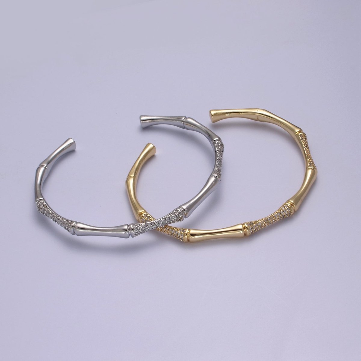Gold Bamboo Bracelet, Silver Cuff Bangle Bracelet CZ Gold Bamboo Bangle, Adjustable Stackable Jewelry Minimalist Open Bracelet | WA-698 WA-699 Clearance Pricing
