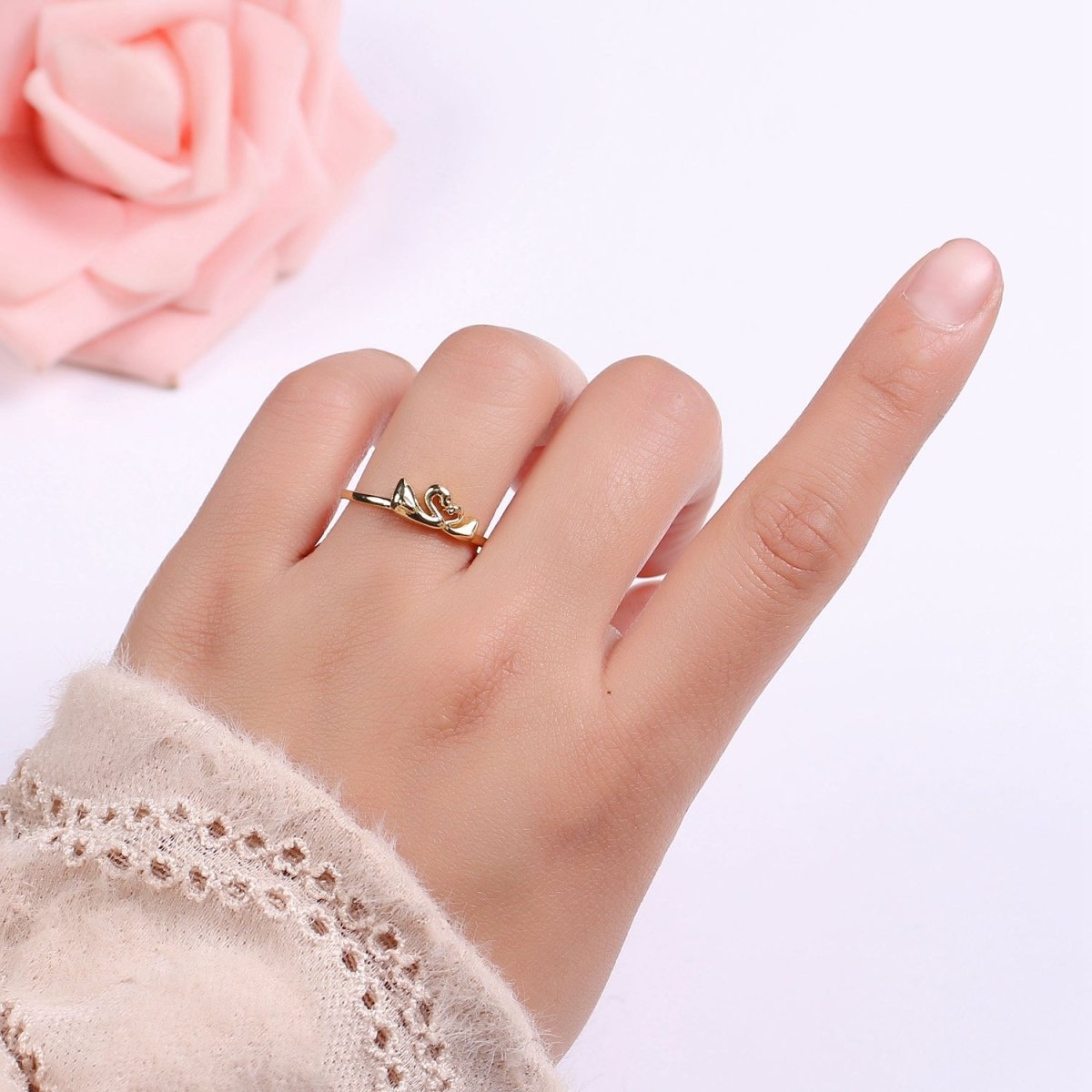 Gold Band Love Forever Swan ring, Delicate Promise Ring adjustable open Ring Dainty Twin swan Ring Minimalist Jewelry - DLUXCA