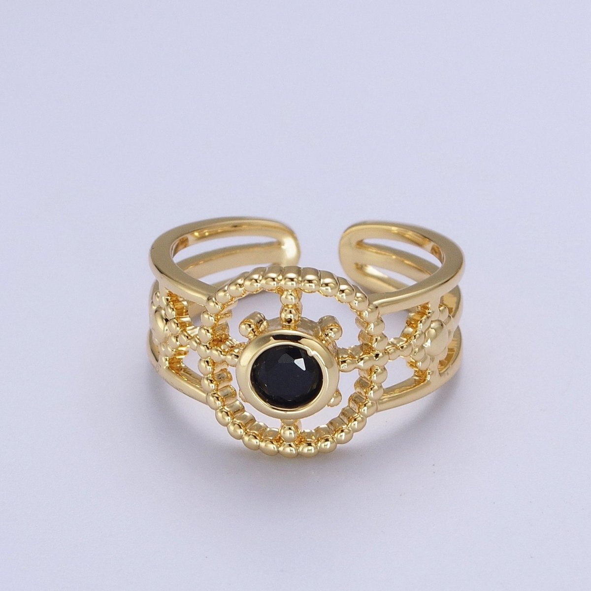 Gold Beaded Celestial Sun CZ Cubic Zirconia Double Band Ring | O-078~O-083