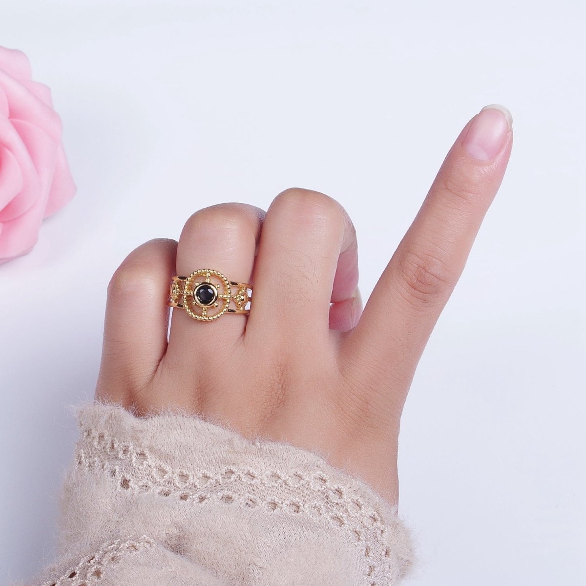 Gold Beaded Celestial Sun CZ Cubic Zirconia Double Band Ring | O-078~O-083