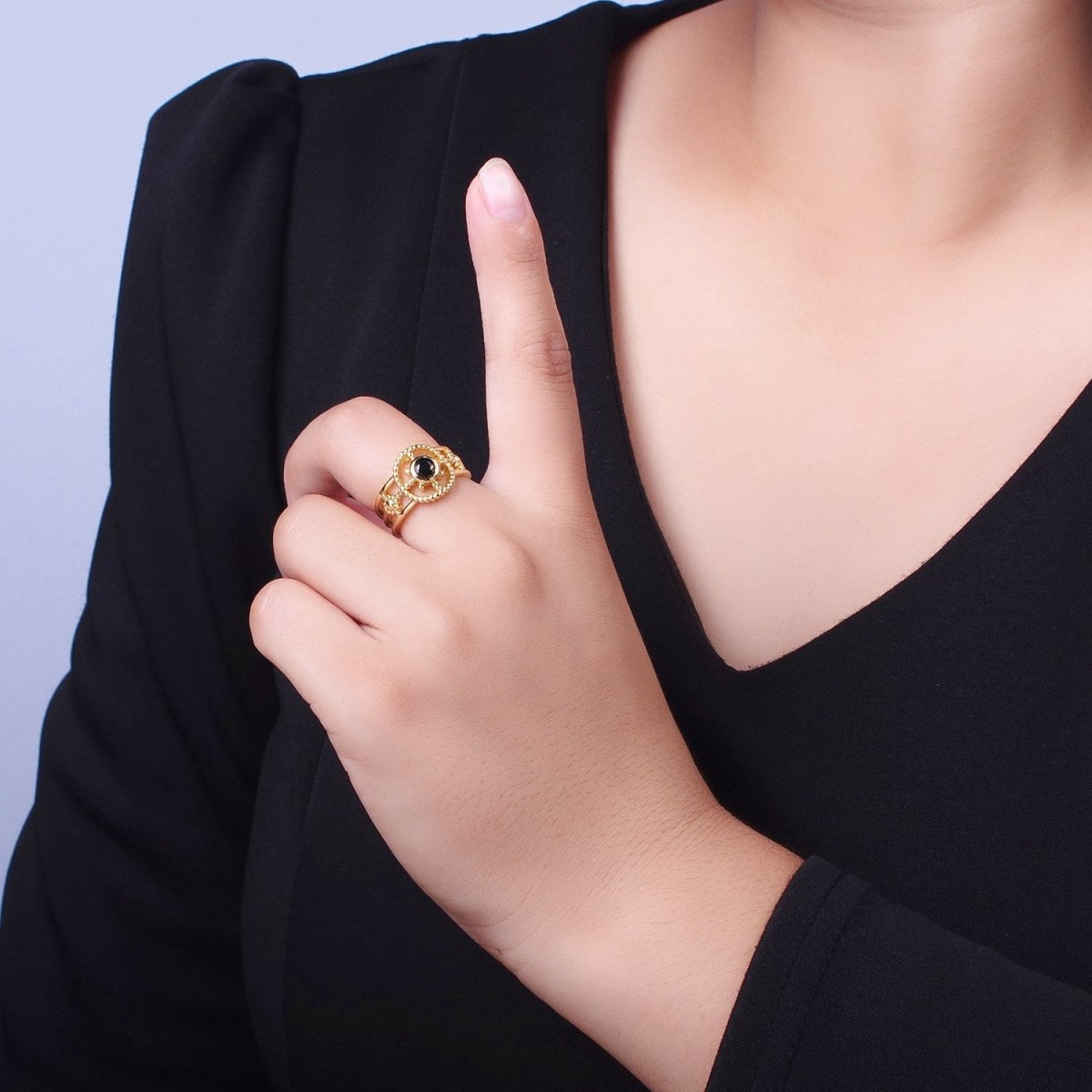 Gold Beaded Celestial Sun CZ Cubic Zirconia Double Band Ring | O-078~O-083