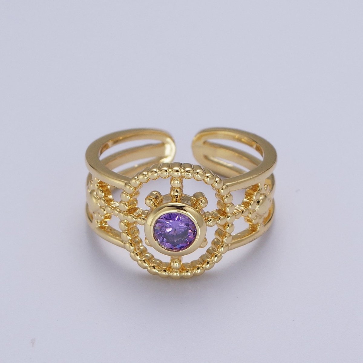 Gold Beaded Celestial Sun CZ Cubic Zirconia Double Band Ring | O-078~O-083