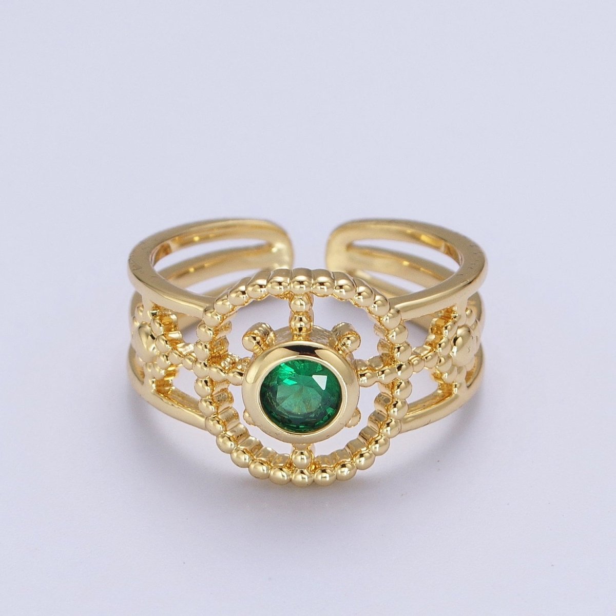 Gold Beaded Celestial Sun CZ Cubic Zirconia Double Band Ring | O-078~O-083