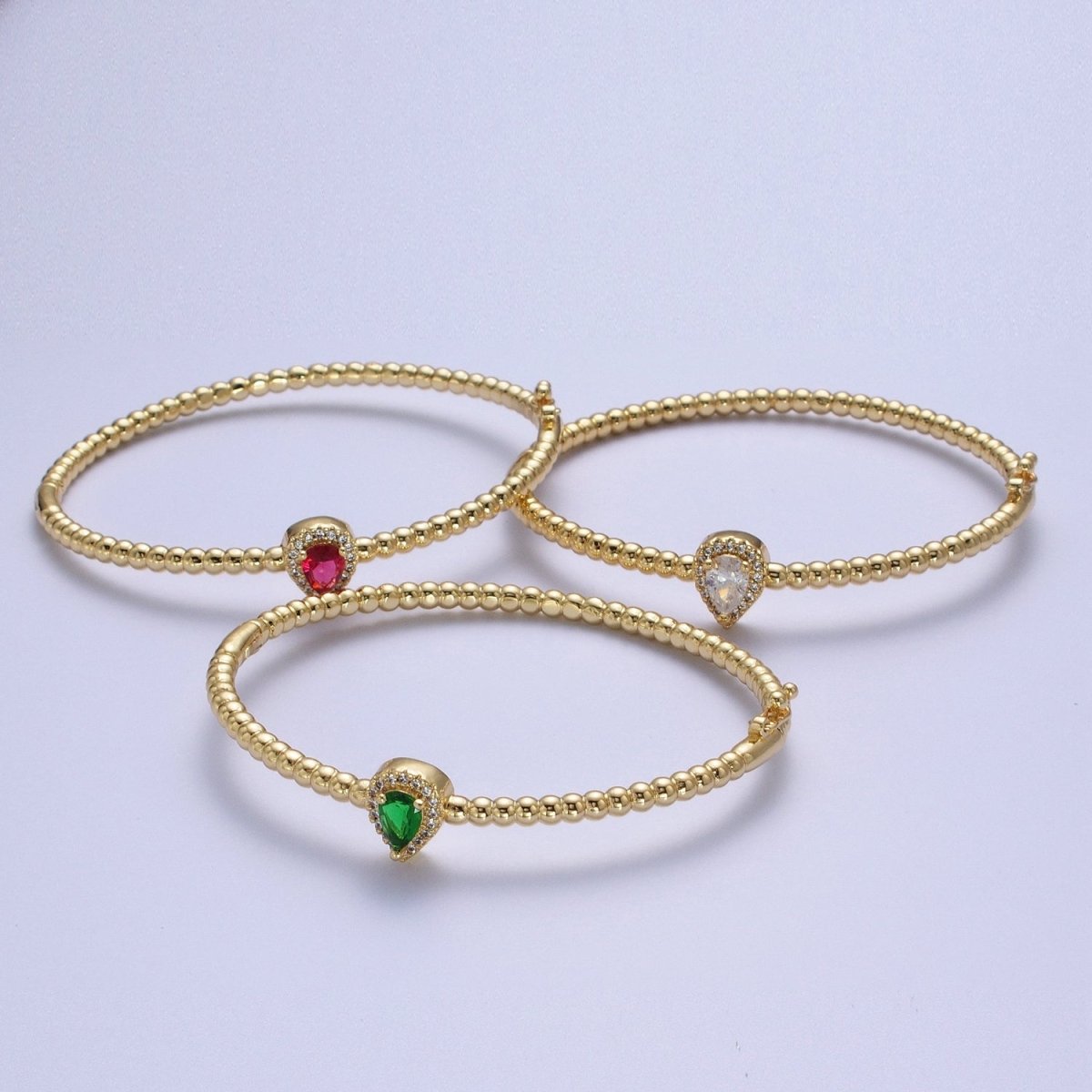 Gold Beaded Clear, Fuchsia, Green Micro Paved Teardrop Cubic Zirconia Bangle Bracelet | WA-1163 WA-1164 WA-1165 Clearance Pricing