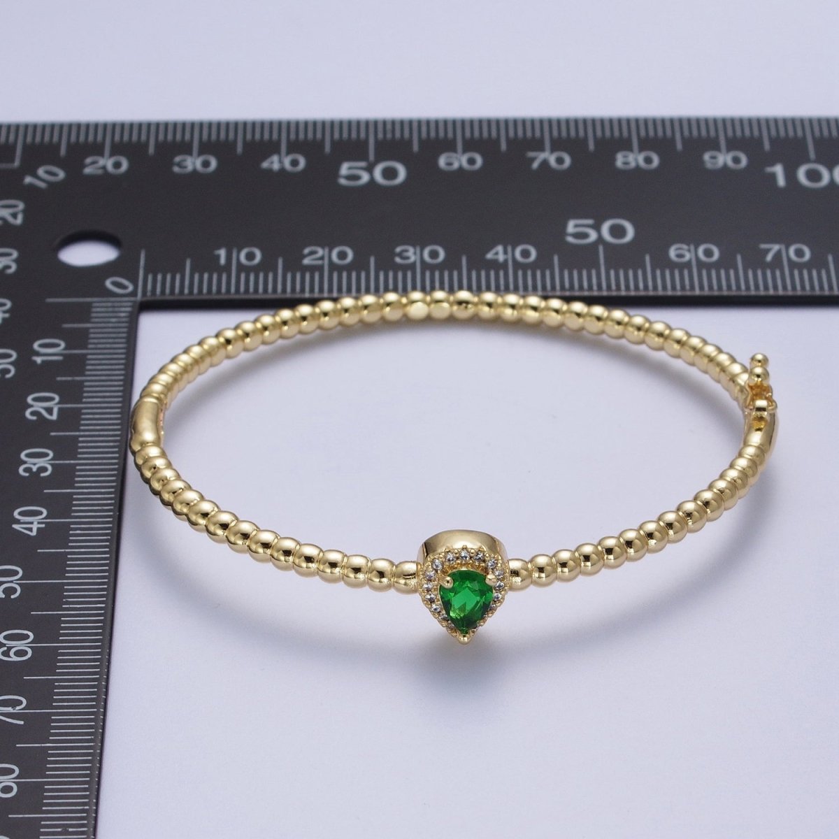 Gold Beaded Clear, Fuchsia, Green Micro Paved Teardrop Cubic Zirconia Bangle Bracelet | WA-1163 WA-1164 WA-1165 Clearance Pricing