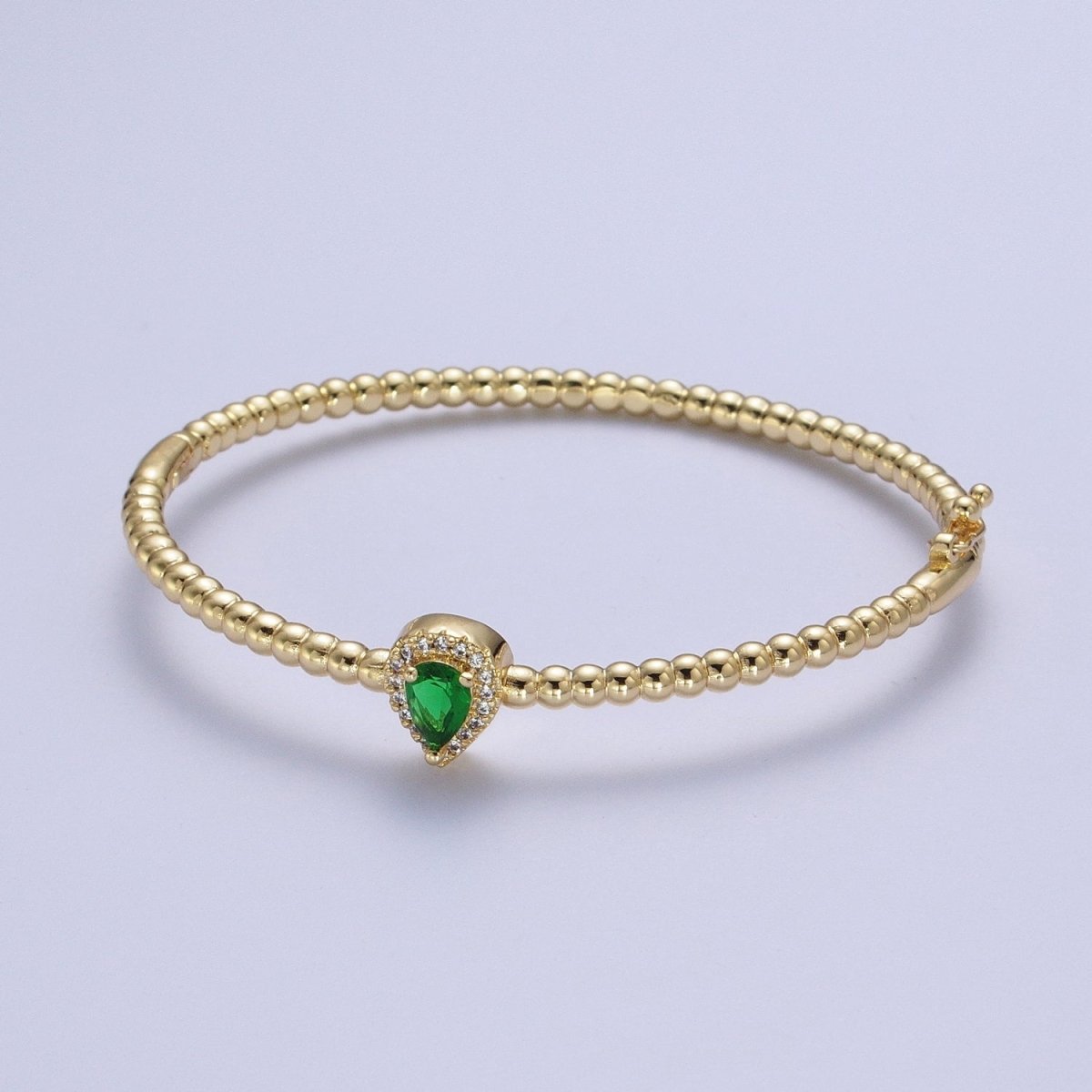 Gold Beaded Clear, Fuchsia, Green Micro Paved Teardrop Cubic Zirconia Bangle Bracelet | WA-1163 WA-1164 WA-1165 Clearance Pricing