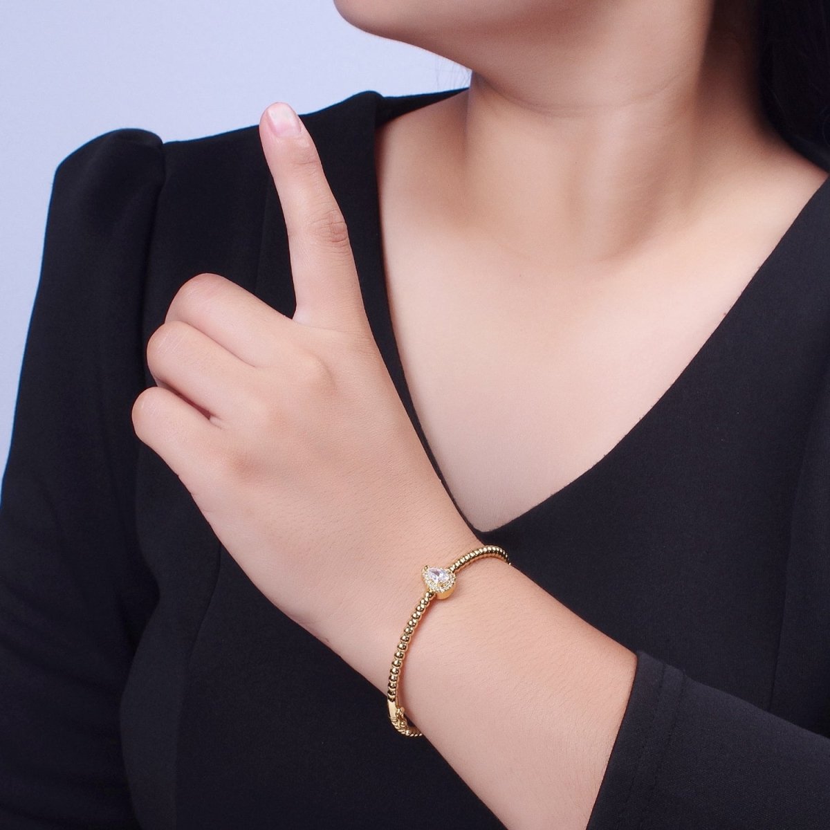 Gold Beaded Clear, Fuchsia, Green Micro Paved Teardrop Cubic Zirconia Bangle Bracelet | WA-1163 WA-1164 WA-1165 Clearance Pricing