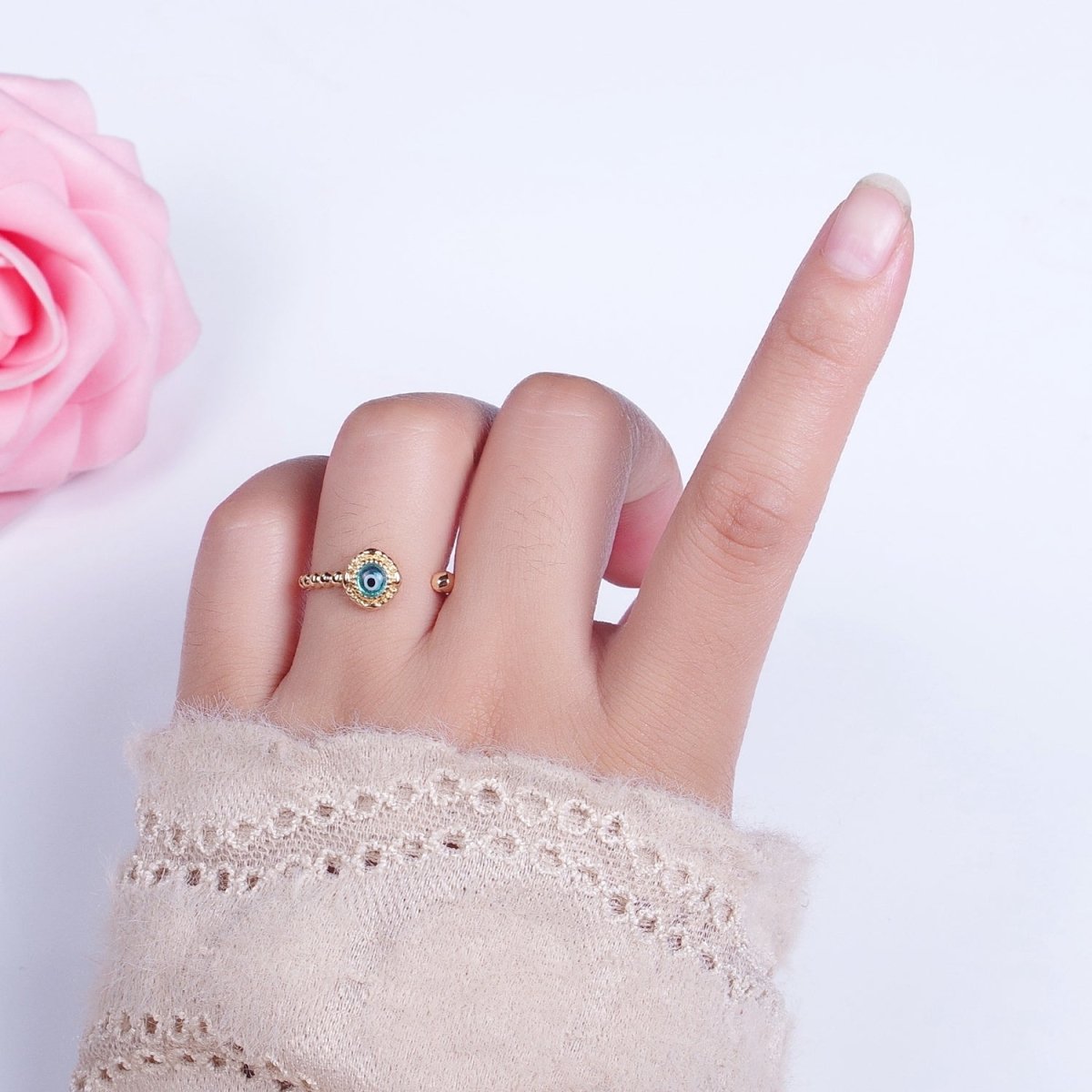Gold Beaded Evil Eye Green Red Teal Blue Resin Adjustable Ring Protection Jewelry | S-318 S-324 S-339 S-345