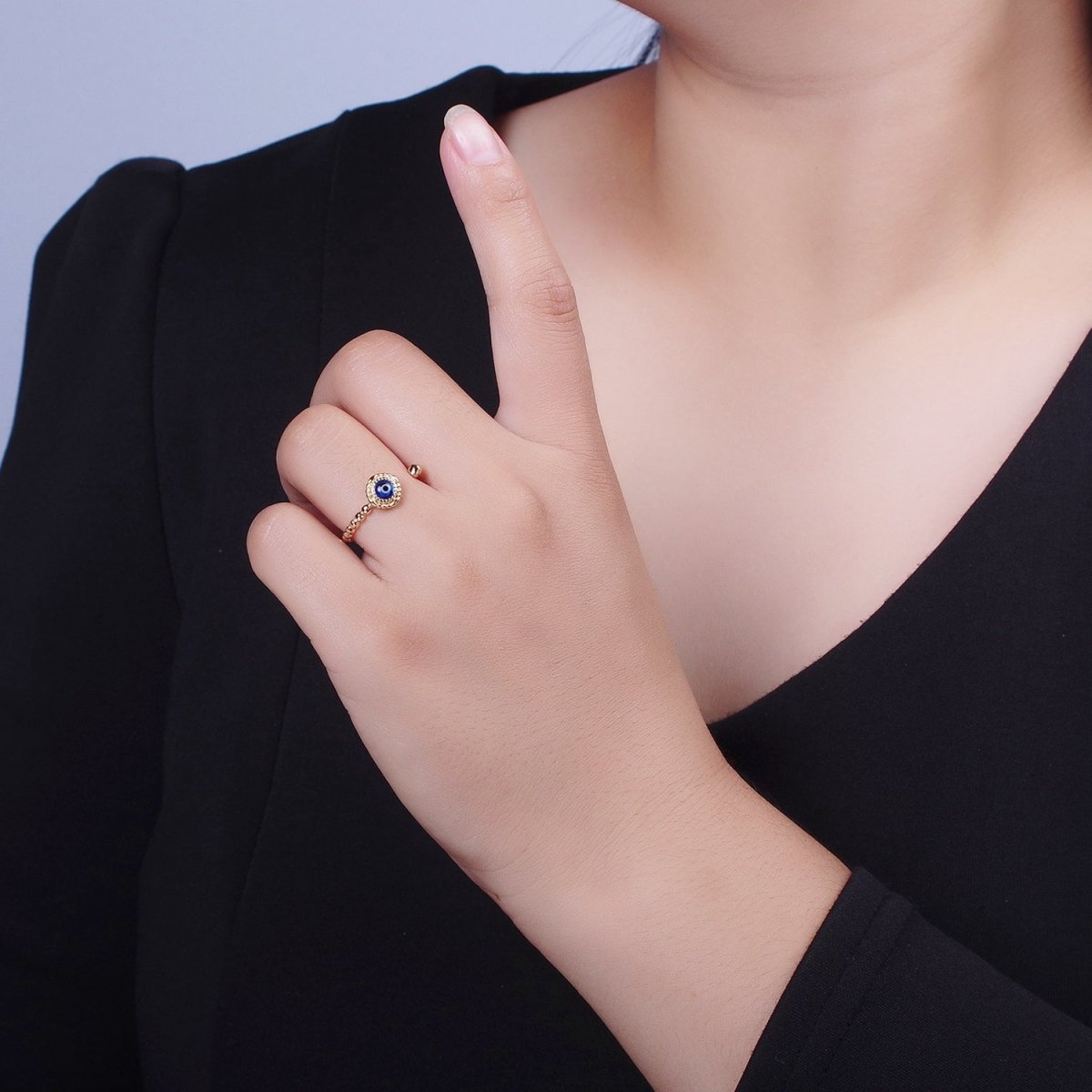 Gold Beaded Evil Eye Green Red Teal Blue Resin Adjustable Ring Protection Jewelry | S-318 S-324 S-339 S-345