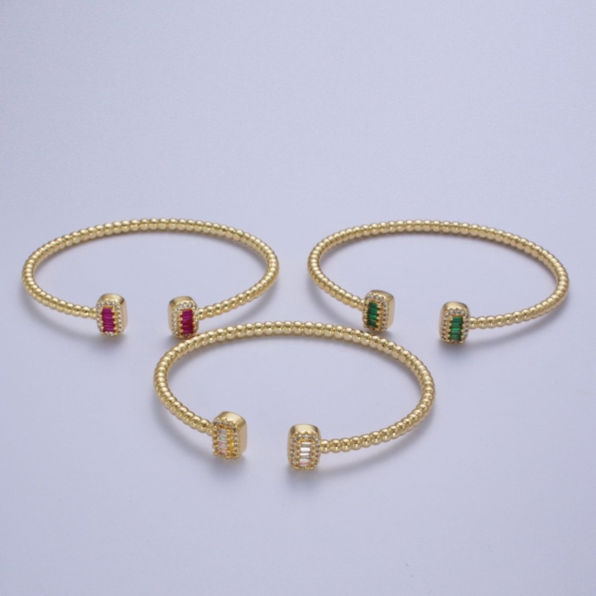 Gold Beaded Micro Paved Double Bar Clear Fuchsia Green Baguette Cubic Zirconia Bangle Bracelet | WA-1166 WA-1167 WA-1168 Clearance Pricing