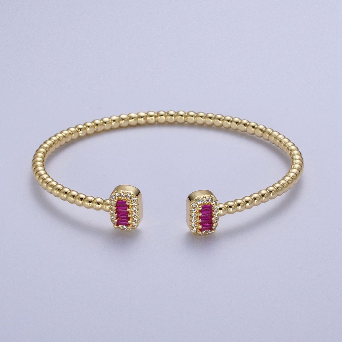 Gold Beaded Micro Paved Double Bar Clear Fuchsia Green Baguette Cubic Zirconia Bangle Bracelet | WA-1166 WA-1167 WA-1168 Clearance Pricing