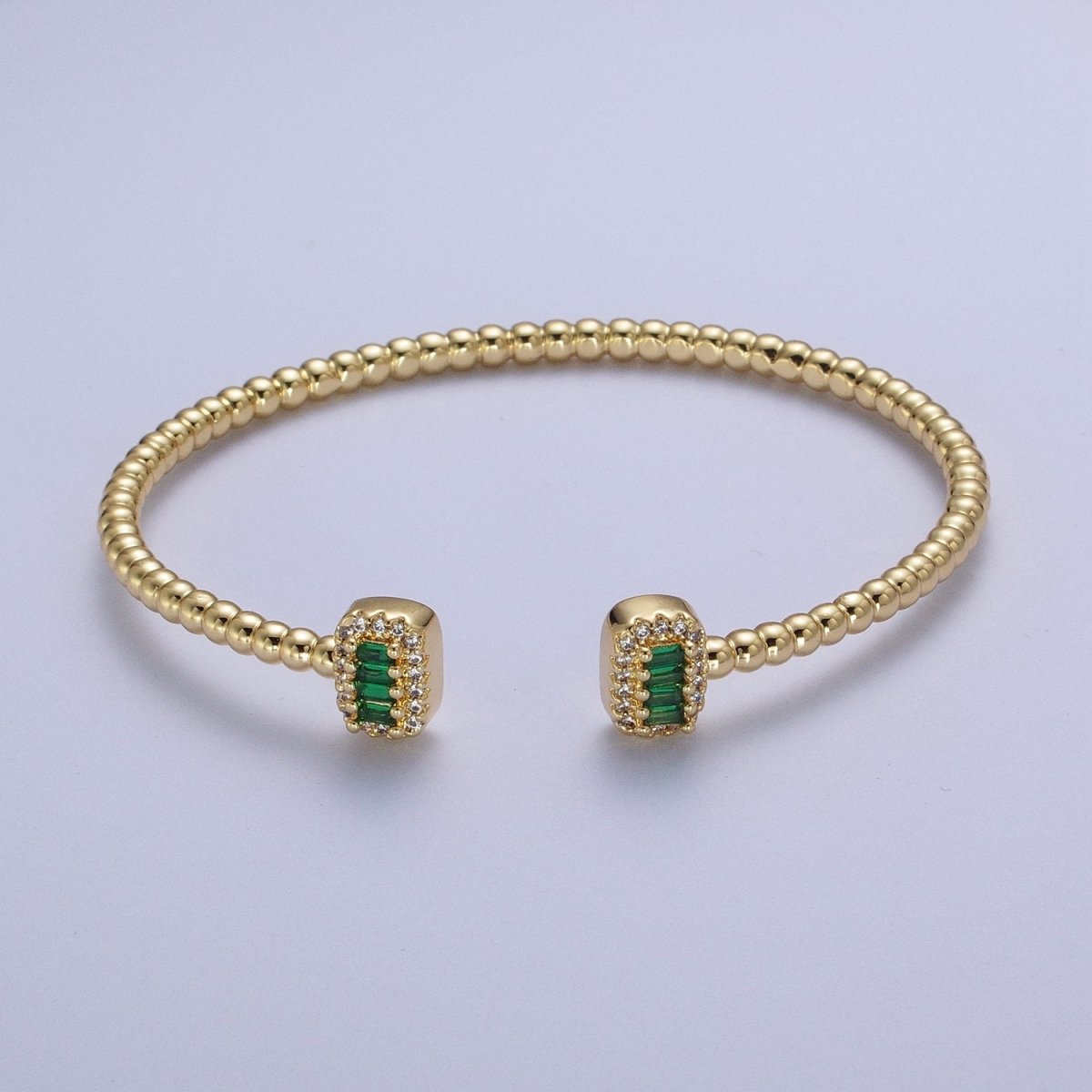 Gold Beaded Micro Paved Double Bar Clear Fuchsia Green Baguette Cubic Zirconia Bangle Bracelet | WA-1166 WA-1167 WA-1168 Clearance Pricing