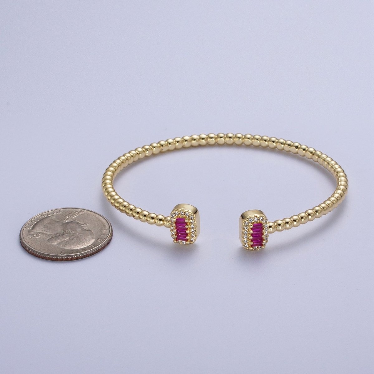 Gold Beaded Micro Paved Double Bar Clear Fuchsia Green Baguette Cubic Zirconia Bangle Bracelet | WA-1166 WA-1167 WA-1168 Clearance Pricing