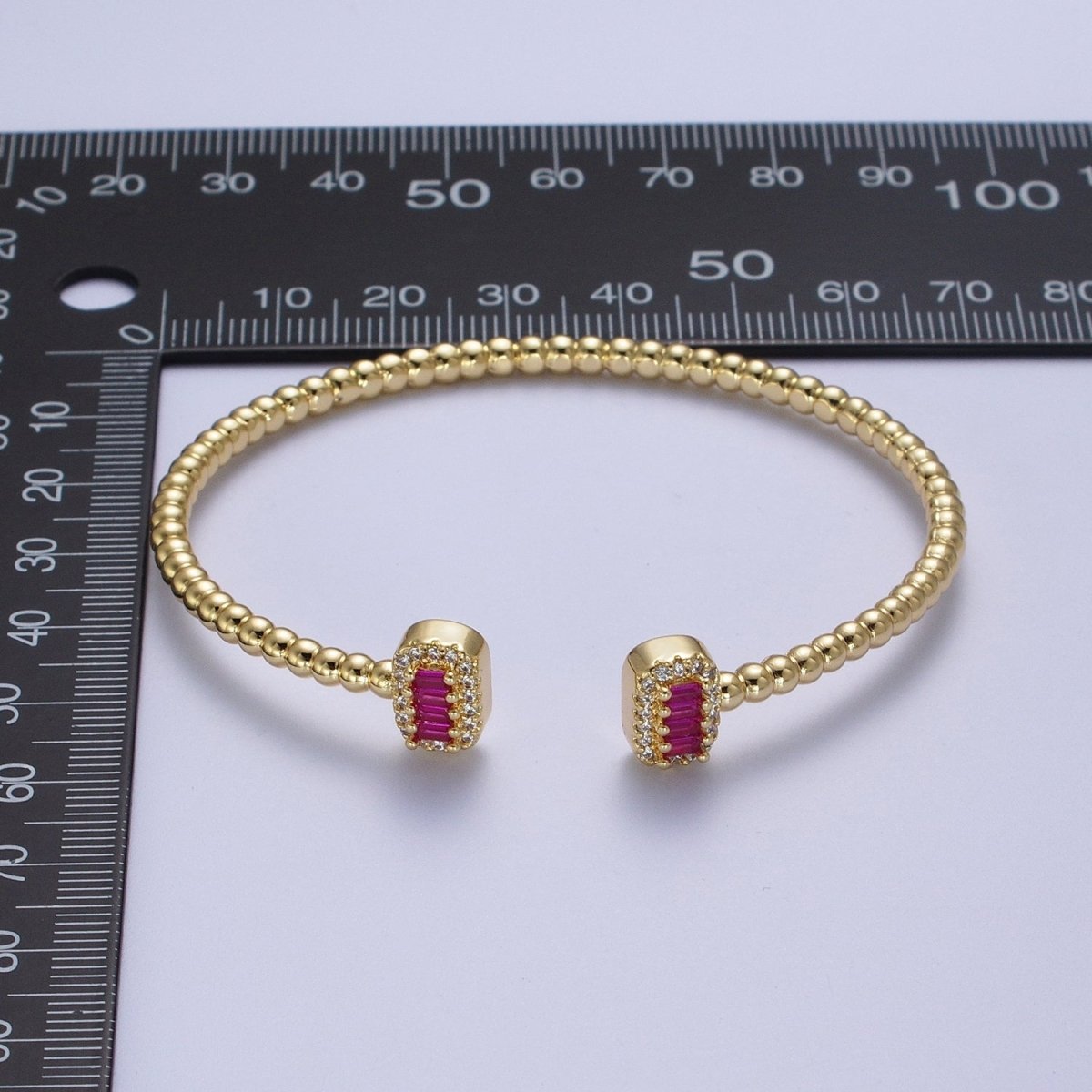 Gold Beaded Micro Paved Double Bar Clear Fuchsia Green Baguette Cubic Zirconia Bangle Bracelet | WA-1166 WA-1167 WA-1168 Clearance Pricing