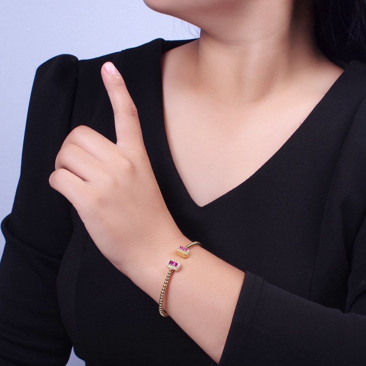 Gold Beaded Micro Paved Double Bar Clear Fuchsia Green Baguette Cubic Zirconia Bangle Bracelet | WA-1166 WA-1167 WA-1168 Clearance Pricing