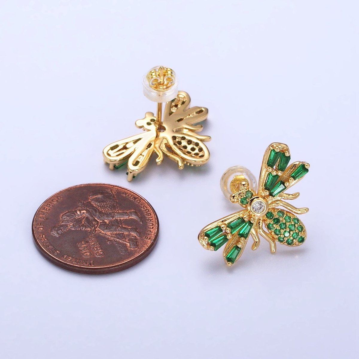 Gold Bee Silver Queen Bee Green Baguette Micro Paved CZ Stud Earrings | AB379 AB513
