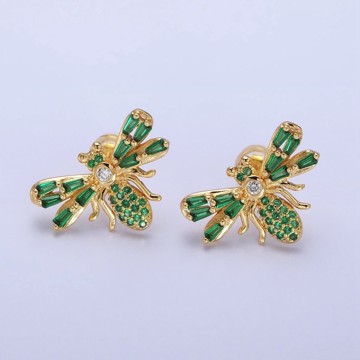 Gold Bee Silver Queen Bee Green Baguette Micro Paved CZ Stud Earrings | AB379 AB513