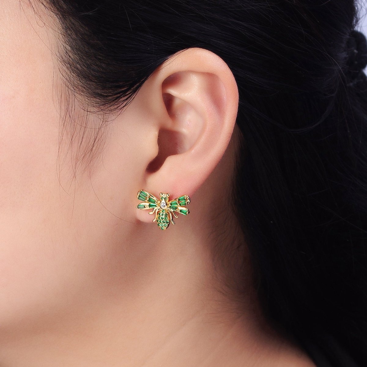 Gold Bee Silver Queen Bee Green Baguette Micro Paved CZ Stud Earrings | AB379 AB513