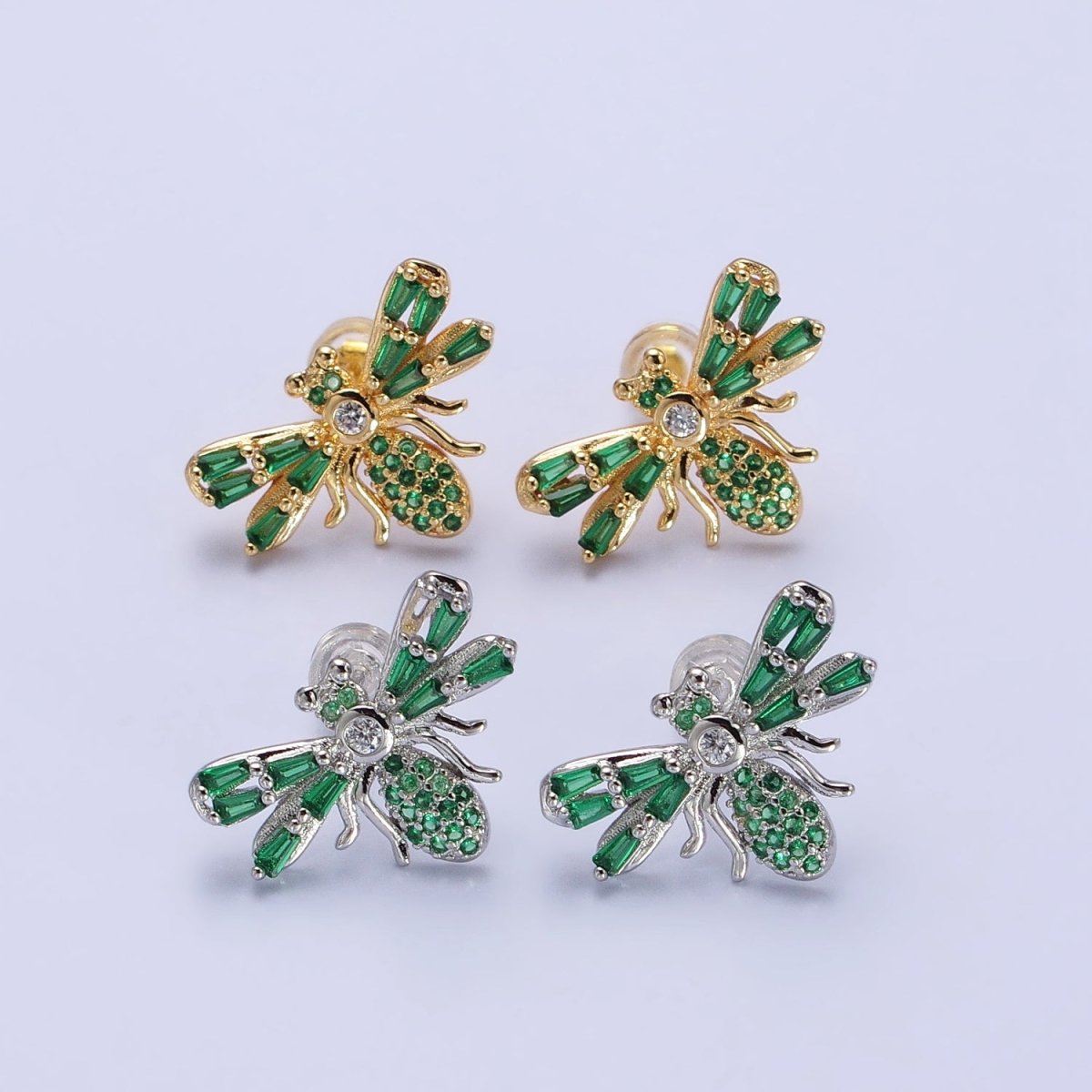 Gold Bee Silver Queen Bee Green Baguette Micro Paved CZ Stud Earrings | AB379 AB513