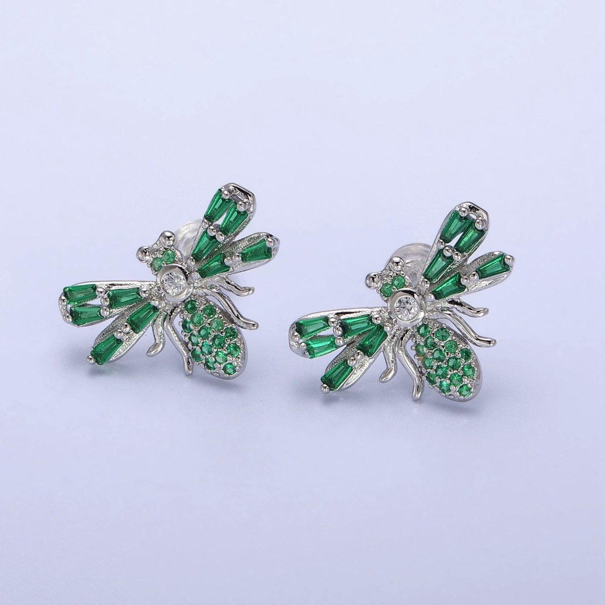 Gold Bee Silver Queen Bee Green Baguette Micro Paved CZ Stud Earrings | AB379 AB513