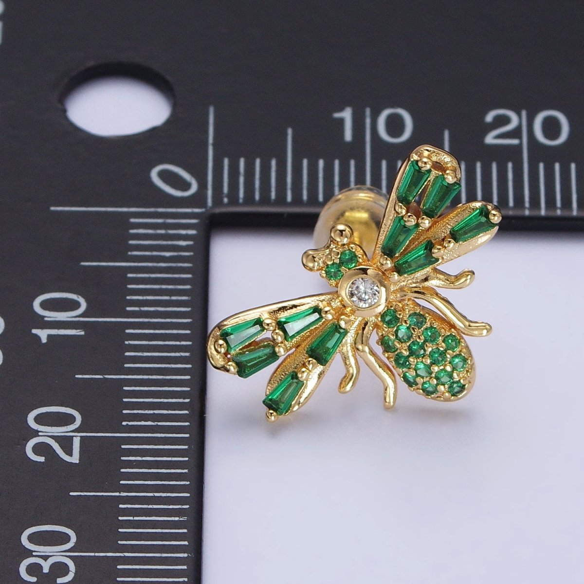 Gold Bee Silver Queen Bee Green Baguette Micro Paved CZ Stud Earrings | AB379 AB513