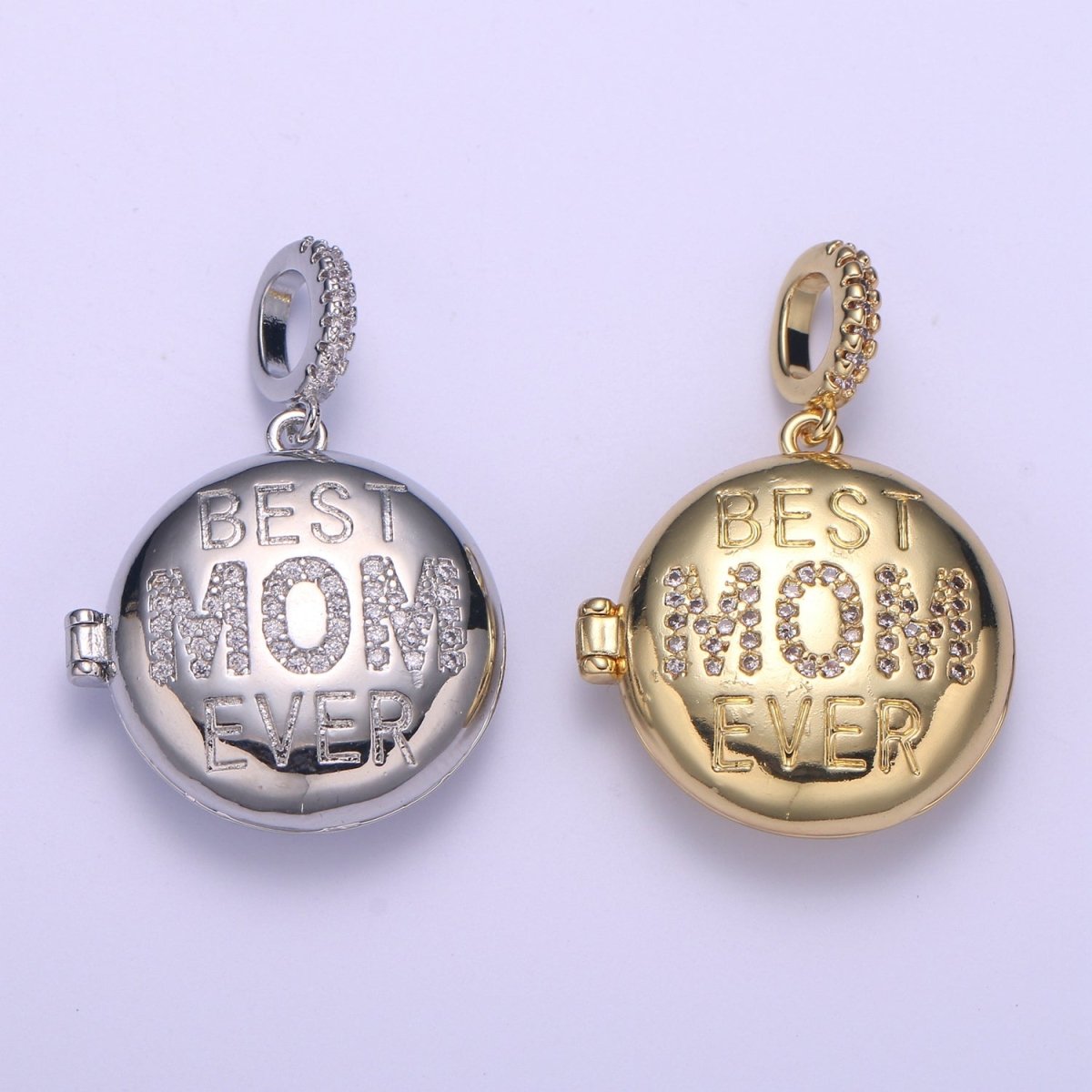 Gold Best Mom Ever Micro Pave Locket Pendant, Gold Silver Open Locket Cubic Zirconia Pave Mom Charm necklace H-722