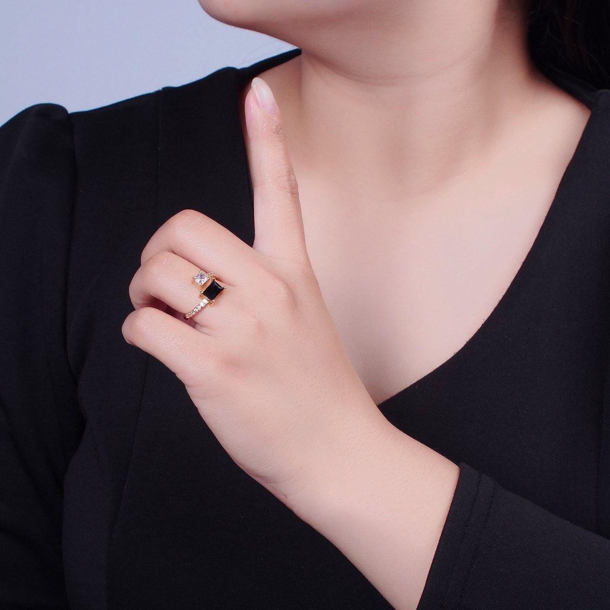 Gold Black Emerald Cut Ring Pink CZ Ring Adjustable Jewelry O-2242